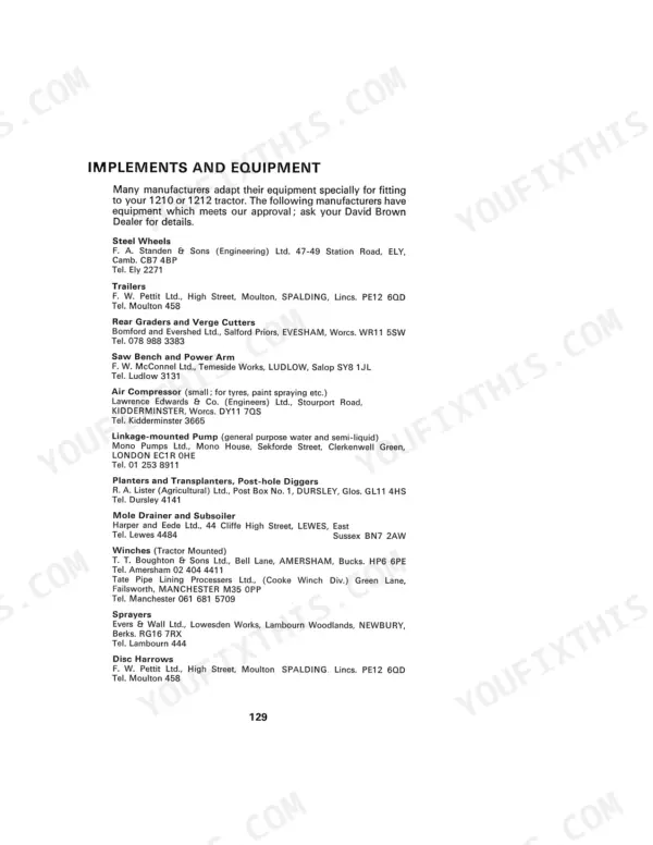 David Brown 1210, 1210 4WD, 1212 manual page listing approved implement and equipment manufacturers and contact details.