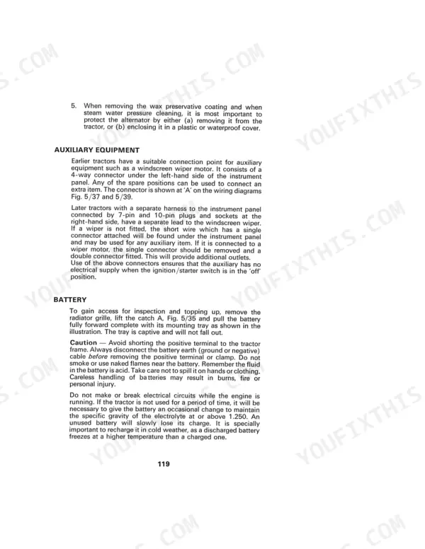 David Brown 1210, 1210 4WD, 1212 manual page covering auxiliary equipment connections and battery maintenance procedures.
