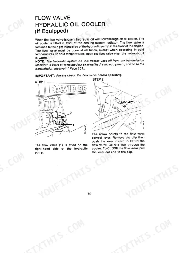 David Brown 1690 Turbo Tractor-4WD, 1690 Turbo Tractor-4WD Synchromesh Transmission hydraulic oil cooler flow valve operation