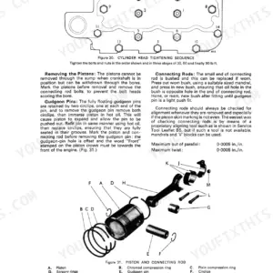 David Brown 3800, 4600 3-Cylinder Engine: Cylinder head tightening sequence diagram, piston and connecting rod exploded view.
