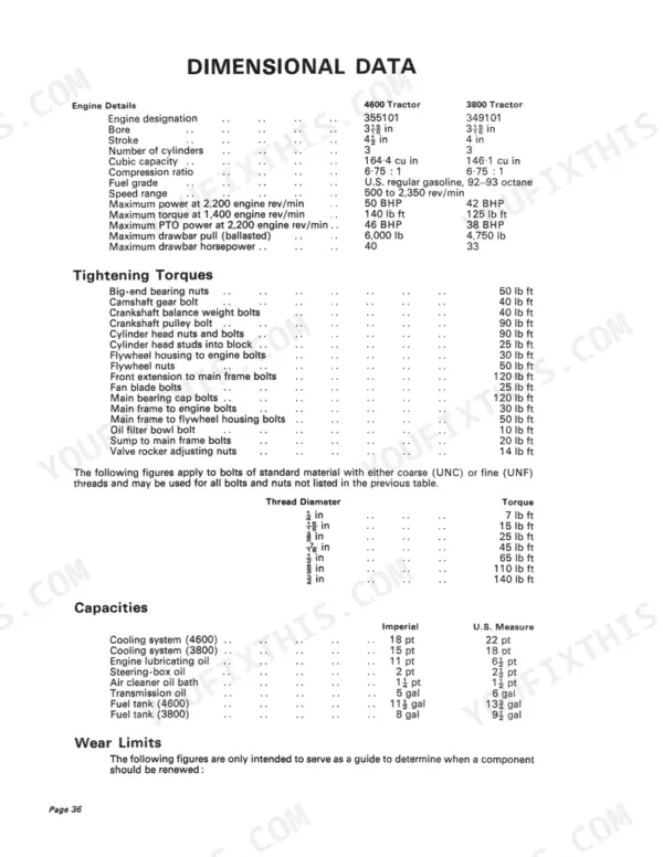 David Brown 3800/4600 Selectamatic Livedrive dimensional data, torque, and capacity specs.