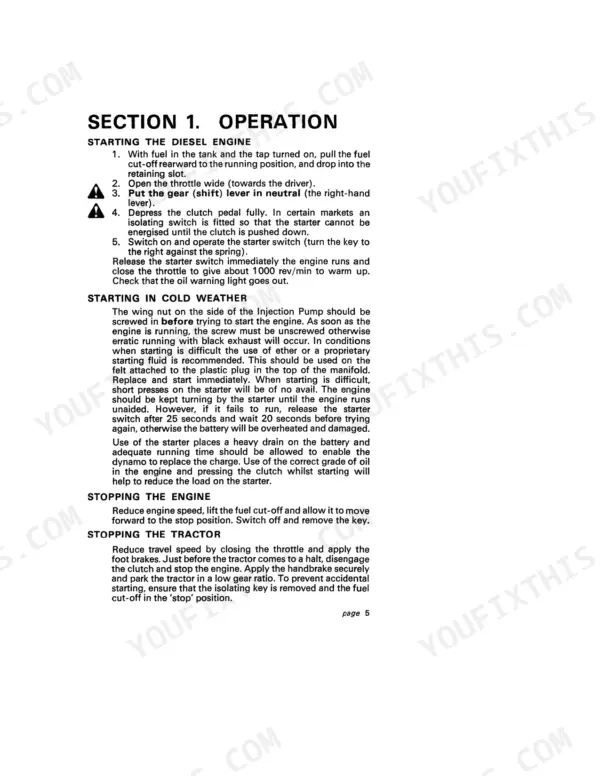 David Brown 780 Selectamatic, 780 Selectamatic Livedrive manual page for starting, stopping, and cold weather procedures.