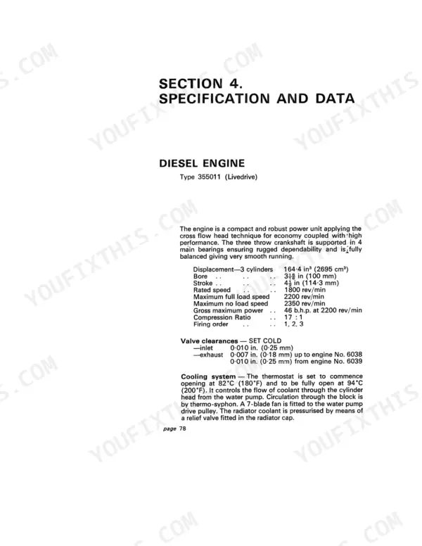 David Brown 780 Selectamatic, 780 Selectamatic Livedrive diesel engine specifications, valve clearances, and cooling data.