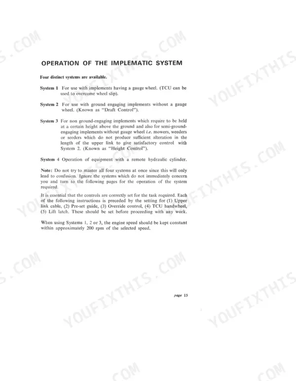 David Brown 880, 880 Diesel Tractor, 880/UE manual page describing operation of the Implematic system and four control modes.
