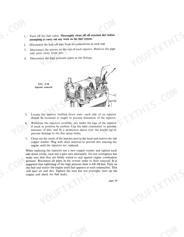 David Brown 880, 880 Diesel Tractor, 880/UE manual page showing step-by-step fuel injector removal and installation.
