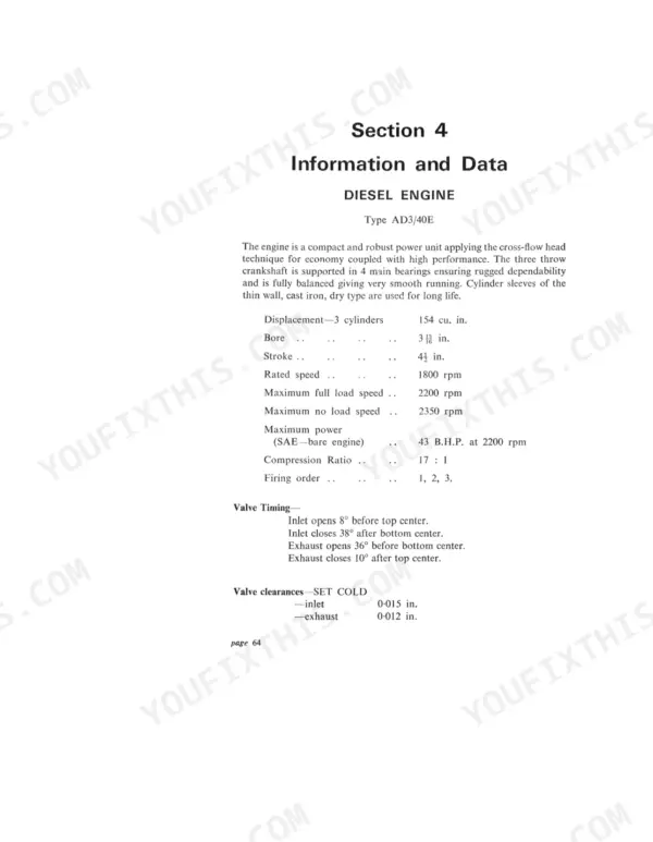 David Brown 880, 880 Diesel Tractor, 880/UE engine specifications table for AD3/40E, including valve timing and clearances.