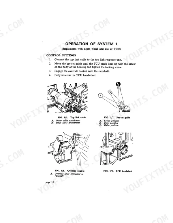 David Brown 880 Implematic (VAD 2E/2F): Implematic system controls — TCU operation, top link cable, pre-set guide, and handwheel diagrams.