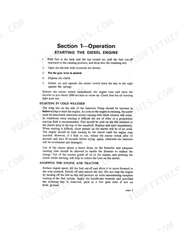 David Brown 880 Implematic 3-cylinder diesel engine manual: procedures for starting, cold weather starting, and stopping.