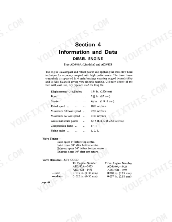 David Brown 880 Implematic 3-cylinder Diesel Engine specs, including engine data, valve timing, and cold valve clearances.