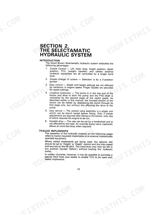 David Brown 885, 885N Selectamatic hydraulic system introduction, advantages, and trailed implement operation guide.