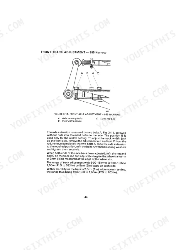 David Brown 885, 885N front axle track adjustment diagram and procedure for narrow model tractors.