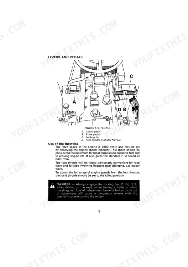 David Brown 885, 885N diagram of tractor pedals, clutch, brake, locking bar, and throttle operation instructions.