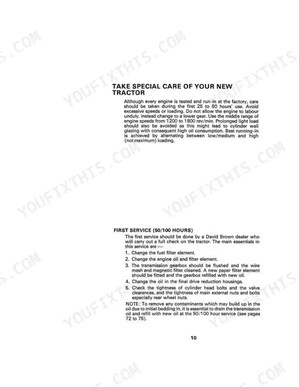 David Brown 885, 885G, 885 Narrow tractor manual page detailing engine break-in procedures and 50/100 hour service requirements.