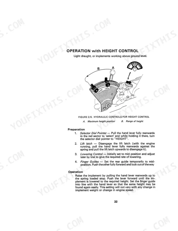 David Brown 885, 885G, 885 Narrow hydraulic height control operation diagram, lever positions, and setup procedures.