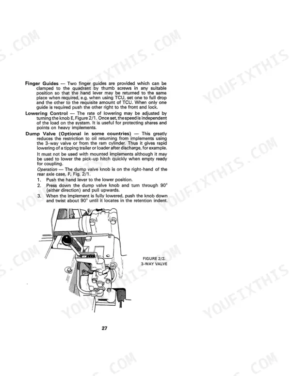 David Brown 885, 885G, 885 Narrow manual: finger guides, lowering control, and 3-way valve dump valve operation procedures.
