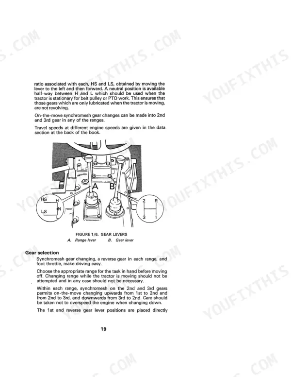 David Brown 885, 885G, 885 Narrow gear lever diagram showing range and gear selection patterns and operating instructions.