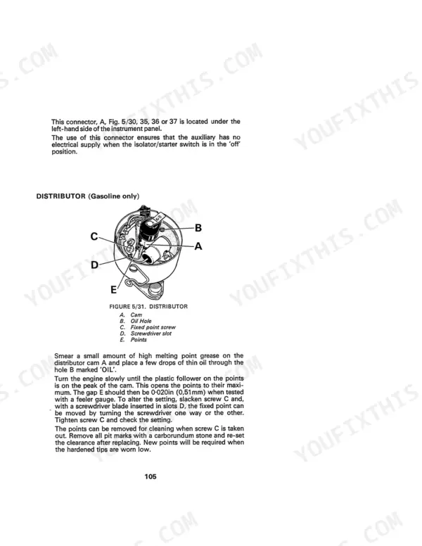 David Brown 885, 885G, 885 Narrow gasoline distributor diagram, component identification, and point adjustment procedure.