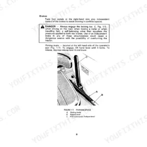 David Brown 990, 995, 996 brake and parking brake controls diagram, operation, and safety danger warning.
