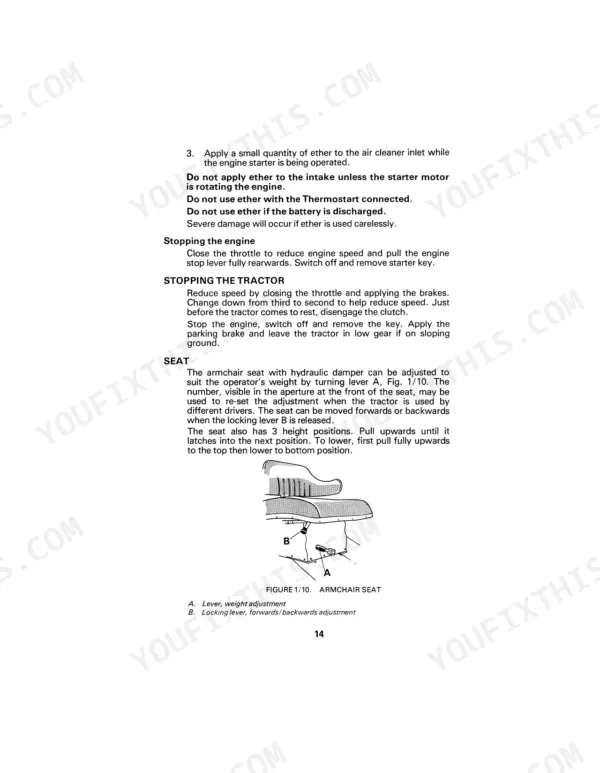David Brown 990, 995, 996 manual page on engine starting, stopping procedures, and armchair seat adjustment diagram.