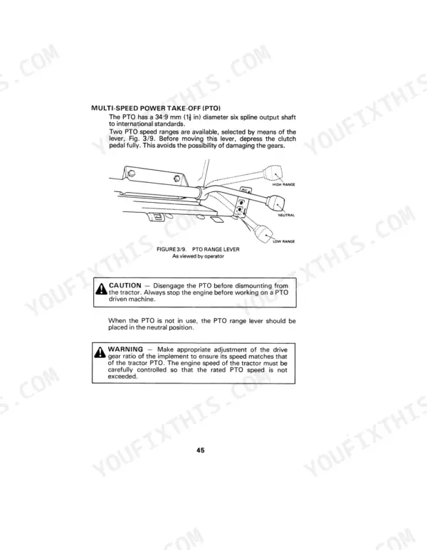 David Brown 990, 995, 996 PTO range lever diagram, operating instructions, and safety warnings for multi-speed PTO system.