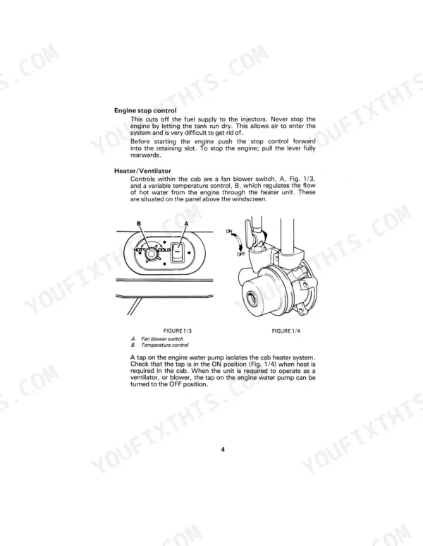David Brown 990, 995, 996 engine stop control, heater, ventilator, and water pump tap operation instructions.