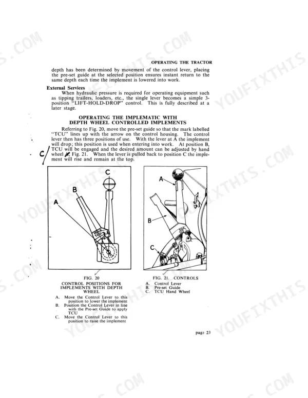 David Brown AD4/40V, AD4/40W, 950 IMPLEMATIC, 950 IMPLEMATIC LIVEDRIVE: Operating instructions for TCU depth wheel controls.