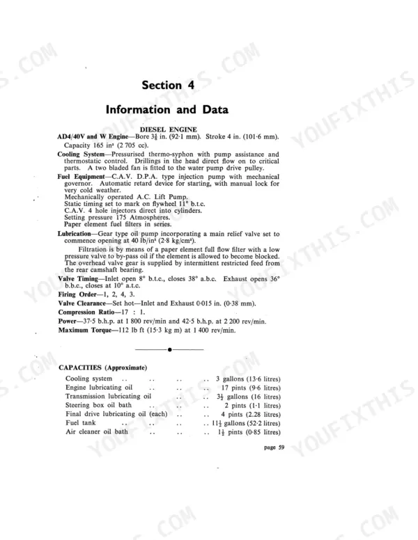David Brown AD4/40V, AD4/40W, 950 IMPLEMATIC, 950 IMPLEMATIC LIVEDRIVE diesel engine specifications and fluid capacities table.