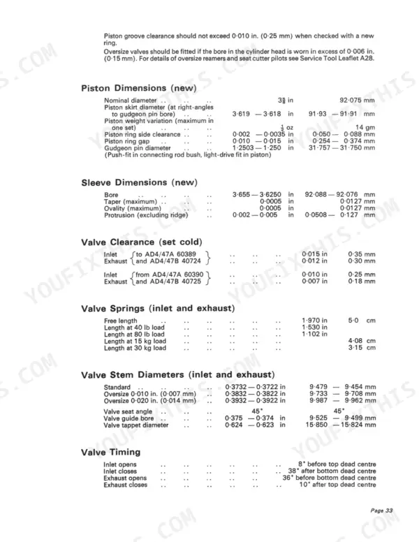 David Brown AD4/47A, AD4/47B, ID4/47, AD4/47, 990 Implematic, 990 Selectamatic, 990 Industrial engine piston, sleeve, and valve specs.