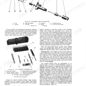 David Brown AD4/47A, 990 Implematic: Exploded view of fuel injector and C.A.V. nozzle cleaning kit components and procedures.