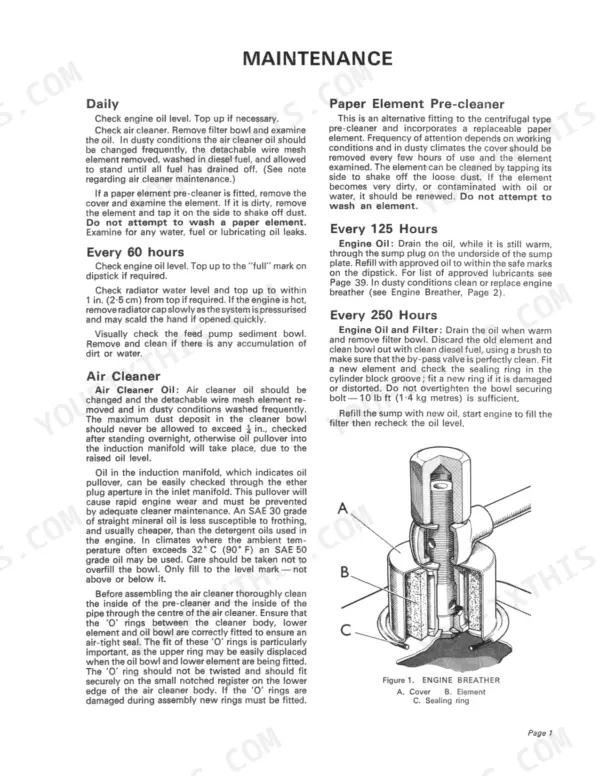 David Brown AD4/47A, 990 series maintenance guide: air cleaner, engine oil, and engine breather diagram with components.