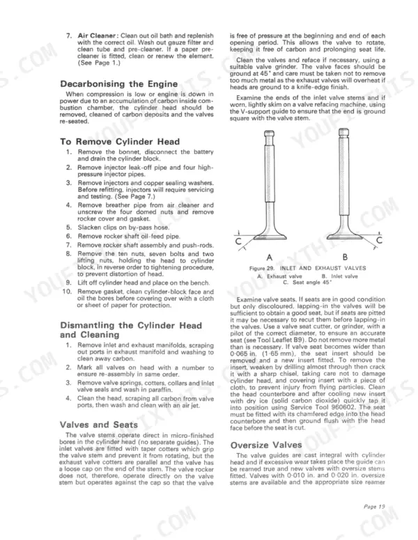 David Brown AD4/47A, AD4/47B, ID4/47, AD4/47, 990 Implematic, 990 Selectamatic, 990 Industrial: Cylinder head removal, decarbonising, and valve service procedures.