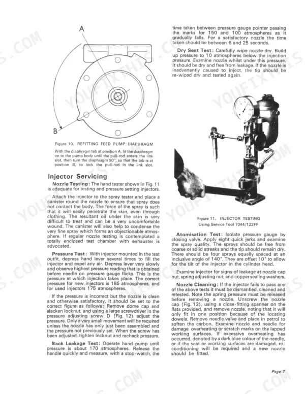 David Brown AD4/47A, 990 series: Feed pump diaphragm refitting diagram and injector testing and servicing procedures.