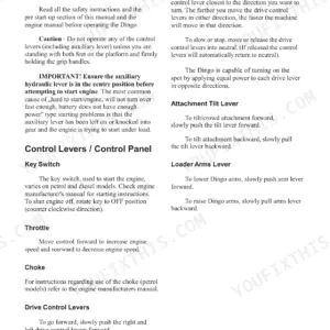 Dingo 950P, 950D operating instructions for drive, tilt, loader arms, throttle, choke, and key switch controls.