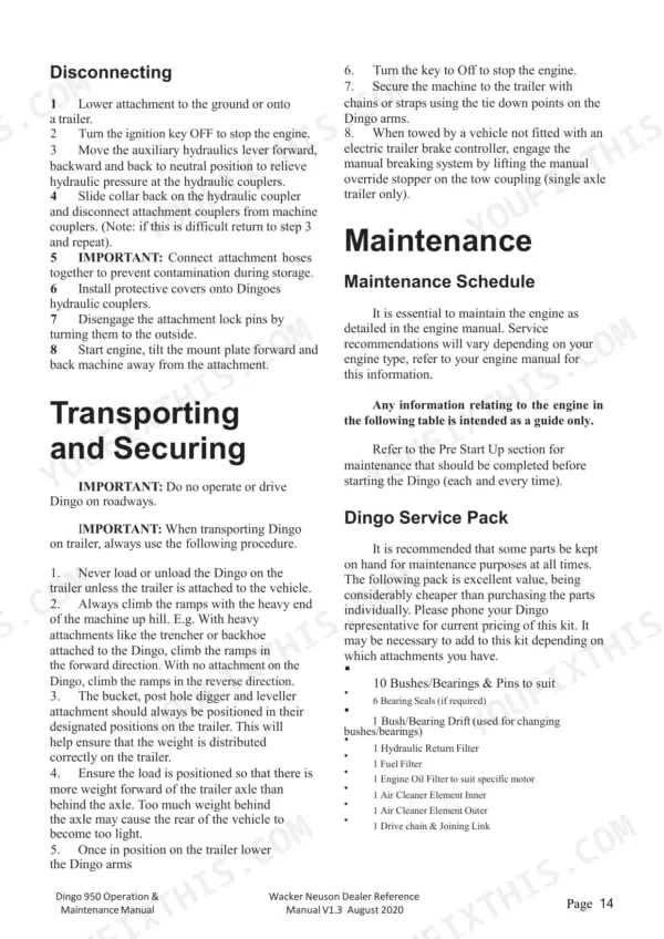 Dingo 950P, 950D manual page for disconnecting attachments, transporting, securing, and maintenance service pack list.