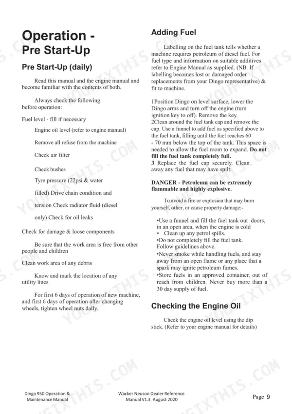 Dingo 950P, 950D daily pre-start-up checklist, fuel filling procedure, and engine oil check instructions.