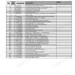 Dingo K9-P parts list table for Kohler engine assembly including pump drive, air cleaner, and hydraulic hose components.