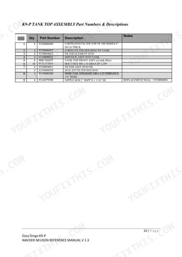 Dingo K9-P parts list table for hydraulic tank top assembly, including filter elements, dipstick, and hardware.