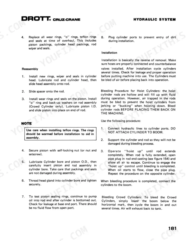 Drott 1500, 1800, 2000 hydraulic system reassembly and hoist cylinder bleeding procedures manual page.