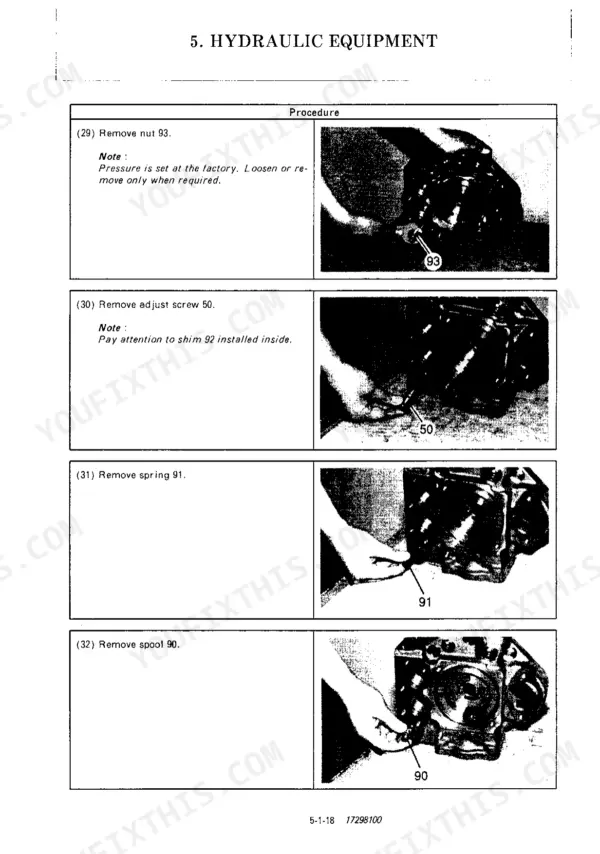e097fa5c-b-procedures-100 Yanmar ViO70 (US) hydraulic equipment service procedure for removing nut 93, adjust screw 50, spring 91, and spool 90.