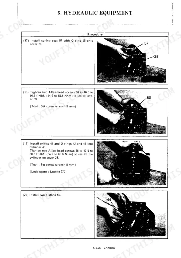 Yanmar ViO70 (US) hydraulic equipment assembly procedures, including spring seat, cover, and piston installation steps.
