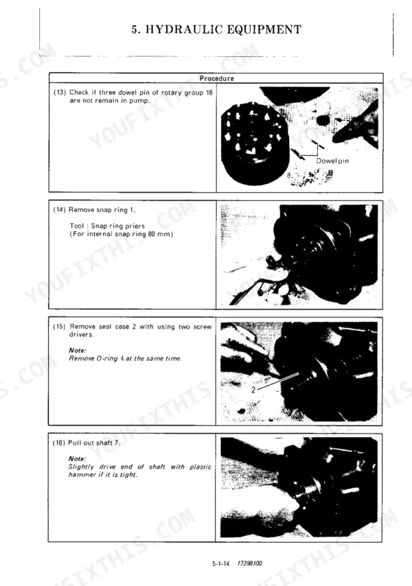 Yanmar ViO70 (US) hydraulic pump disassembly procedures: removing dowel pins, snap ring, seal case, and pump shaft.