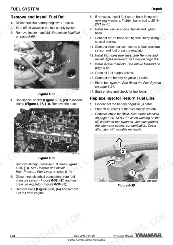 Yanmar 4BY, 6BY fuel system repair guide: removing fuel rail and injector return lines.