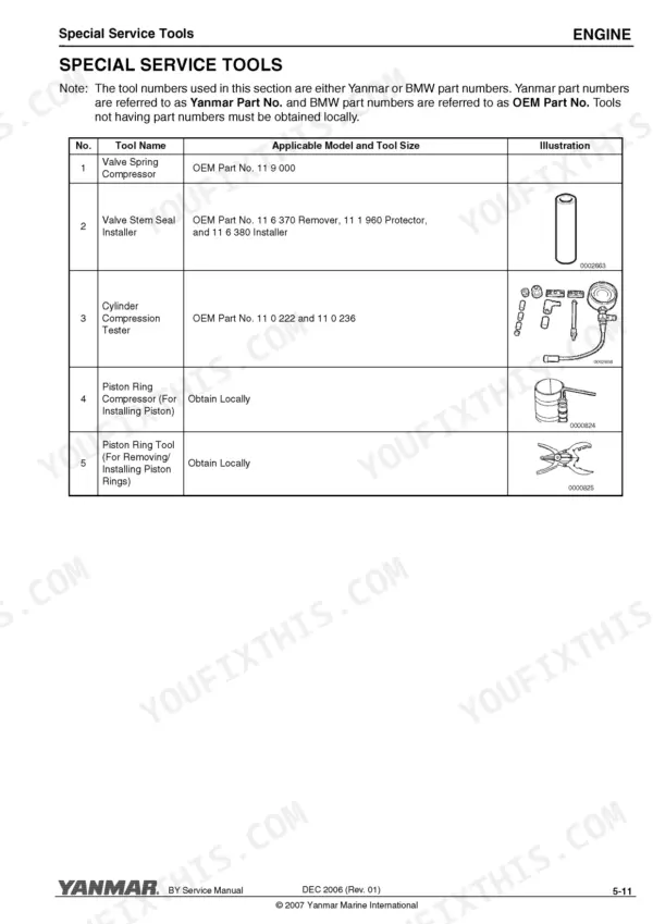 Yanmar 4BY, 6BY special service tools table with part numbers and tool illustrations.