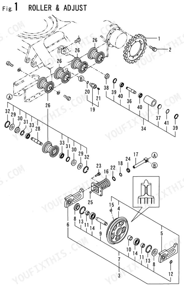 Yanmar B30V-1, B30V - 1, 3TNE82A - B1A, B30V-1(EP) (B6050) exploded view diagram of track roller and adjuster assembly.