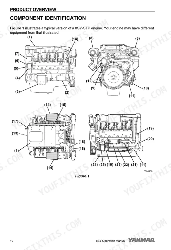 e54ce972-b-exploded-view-20 Yanmar 8SY-STP marine engine: Component identification diagram showing multiple views of the engine assembly.