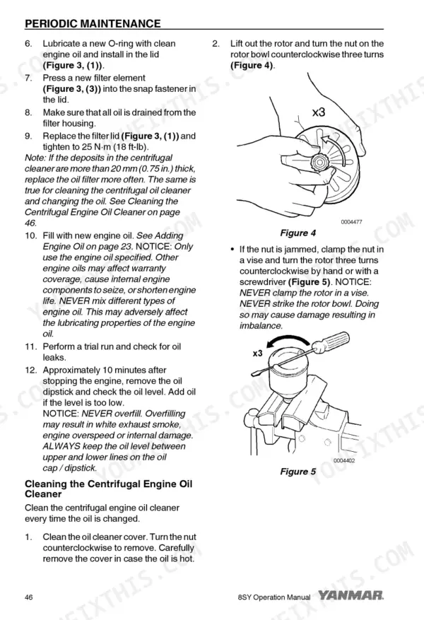 Yanmar 8SY-STP Marine Engines periodic maintenance procedures for oil filter and centrifugal oil cleaner service.