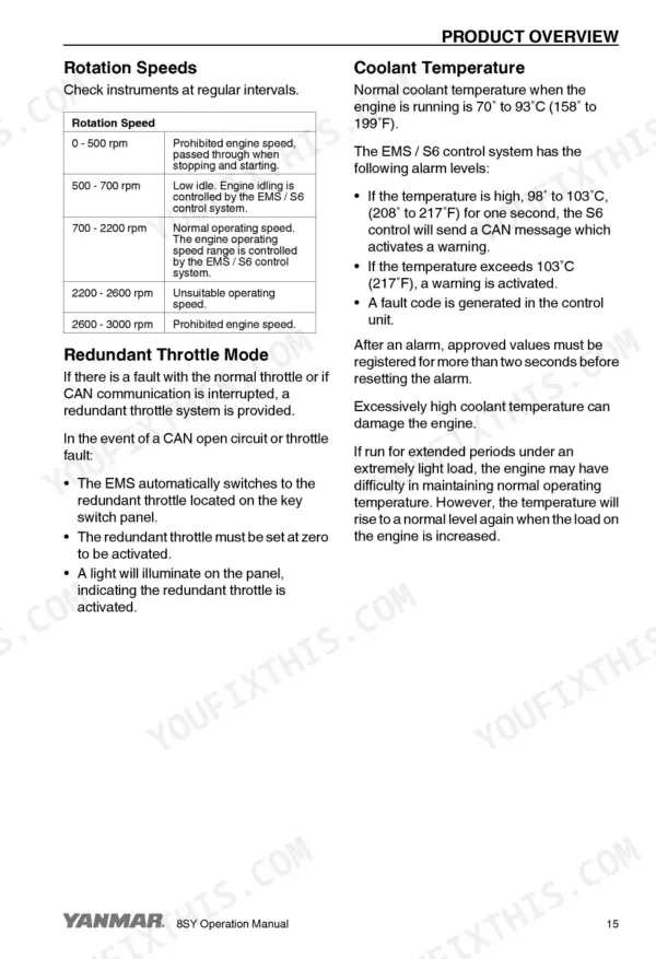 Yanmar 8SY-STP marine engine: Rotation speed table, coolant temperature alarm levels, and redundant throttle mode.