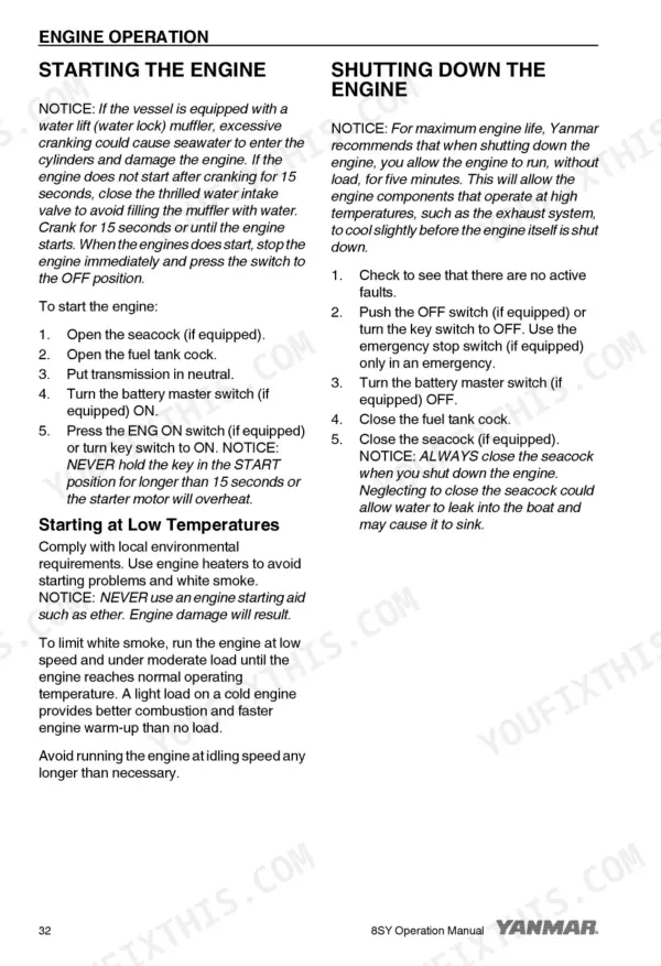 Yanmar 8SY-STP marine engine: Engine operation procedures for starting, cold weather starting, and shutting down.