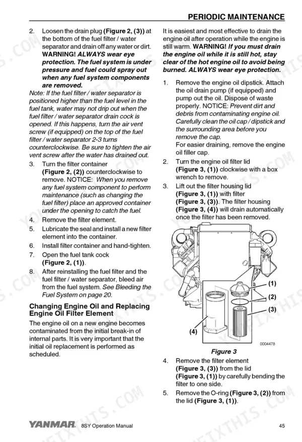 Yanmar 8SY-STP Marine Engines: Periodic maintenance procedures for fuel filter and engine oil filter replacement.