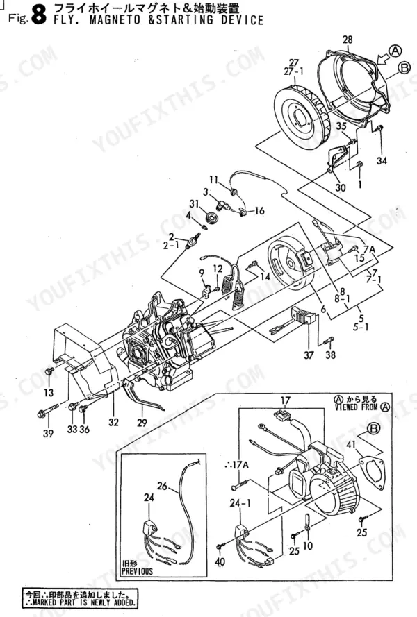 Yanmar GA120RDZB, GA120 exploded view of flywheel magneto and starting device components with numbered parts list.